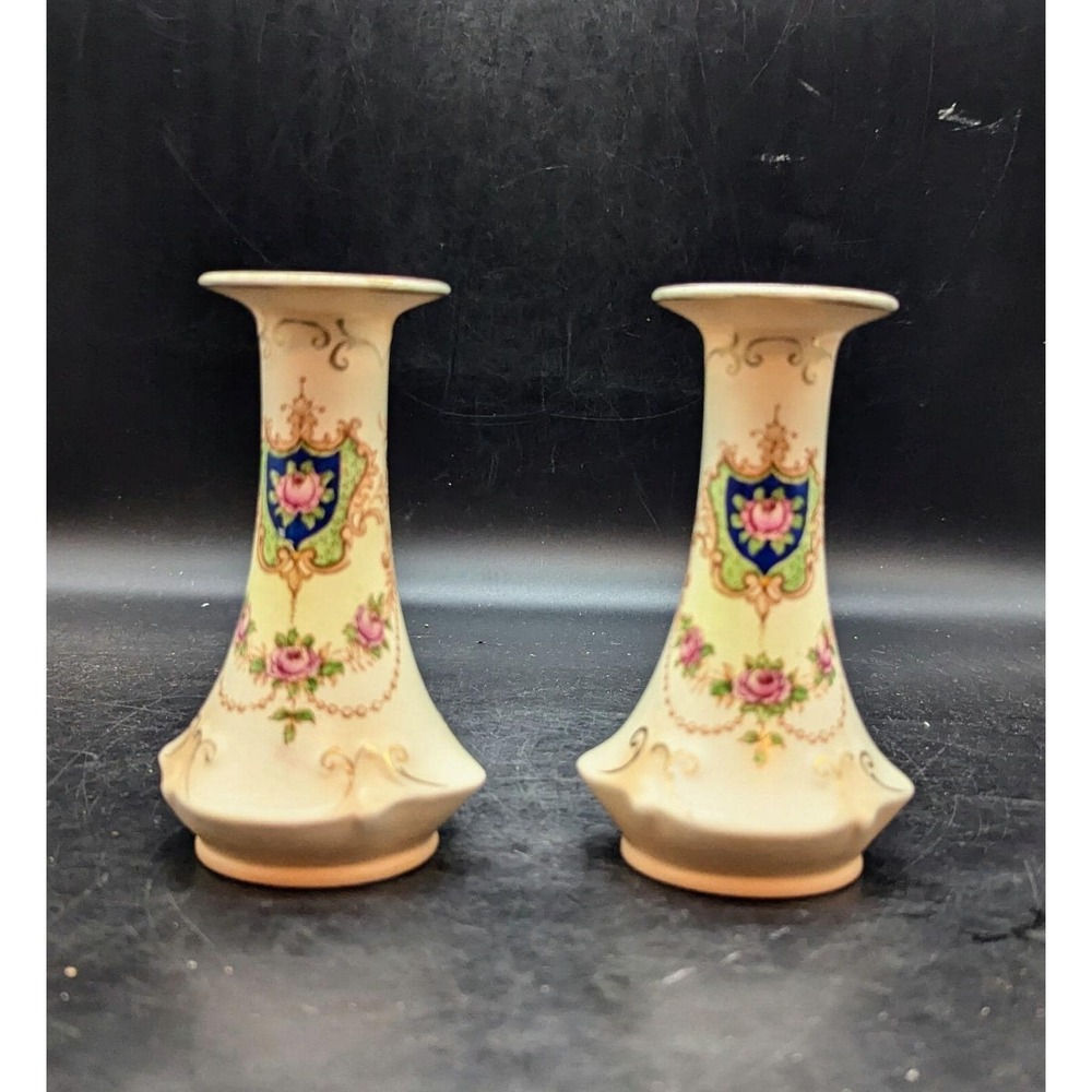 Antique Set/2 Crown Ducal Transferware Candle Sticks Flower Floral 5.5"